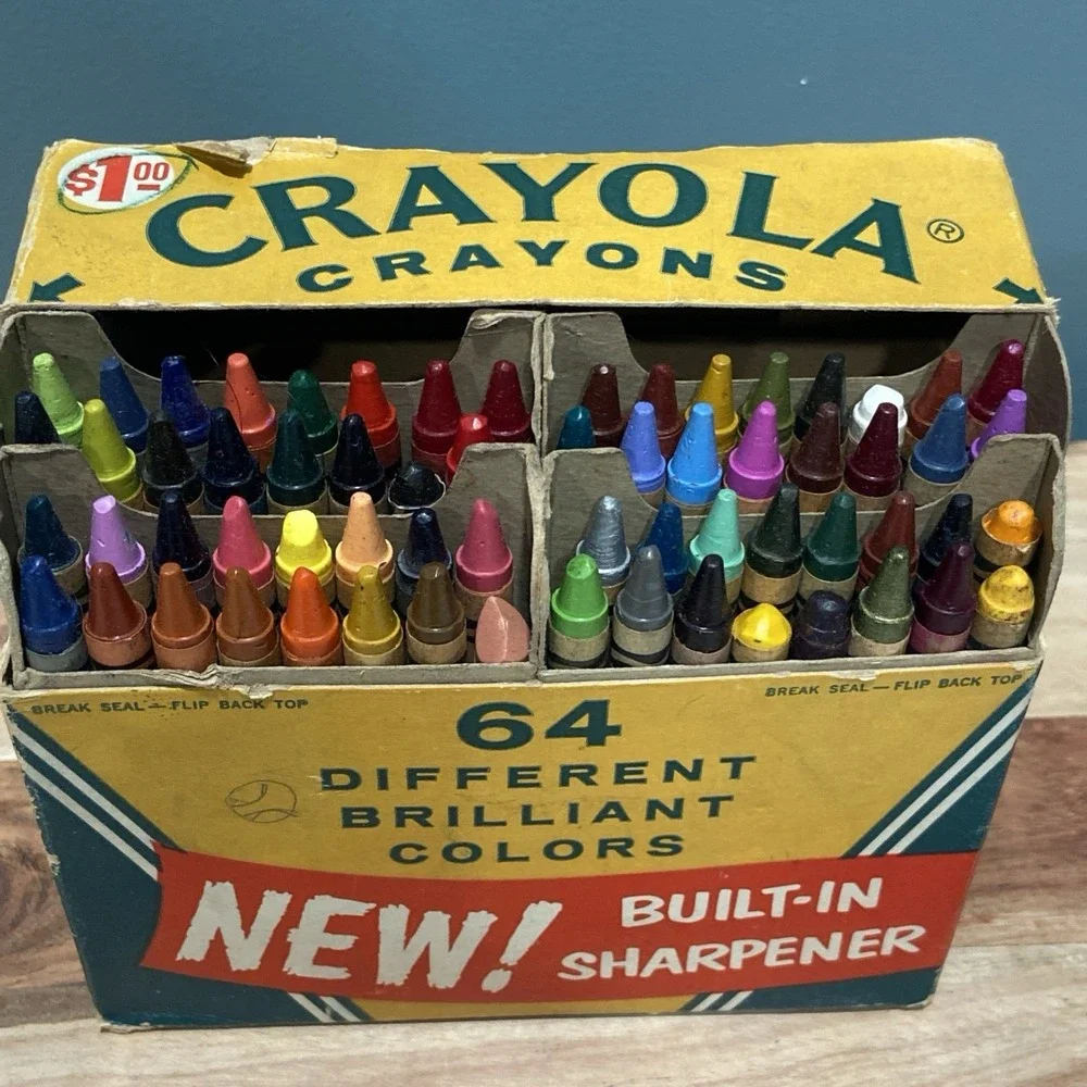 Vintage Crayola Crayons Binney Smith #64 Box Built In Sharpener + B & S 8 Pack